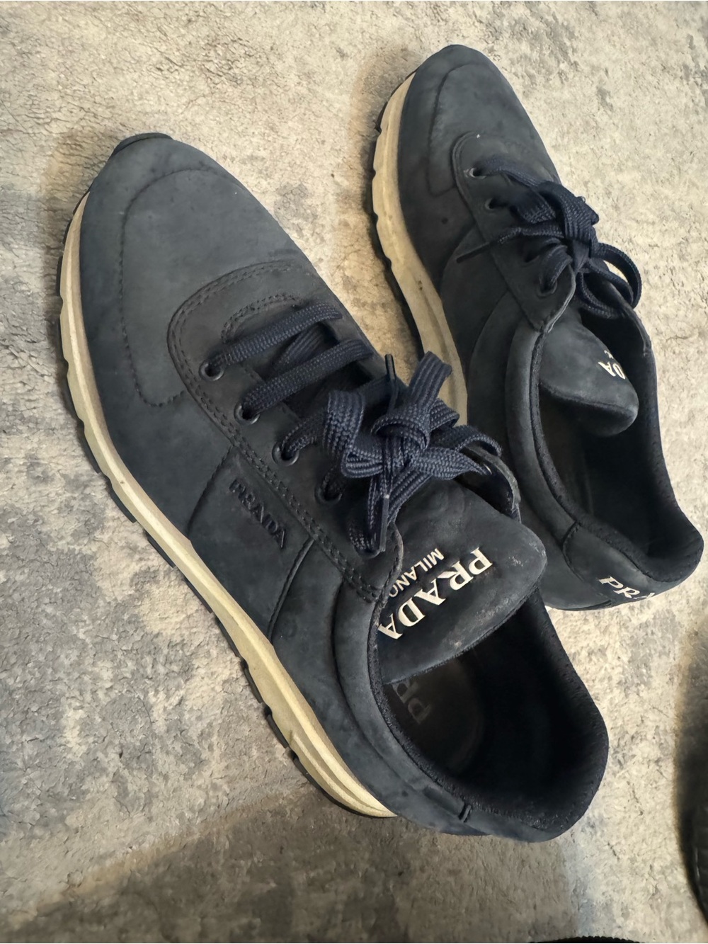 Men's Navy Suede Prada Sneakers - Picture 2 of 3